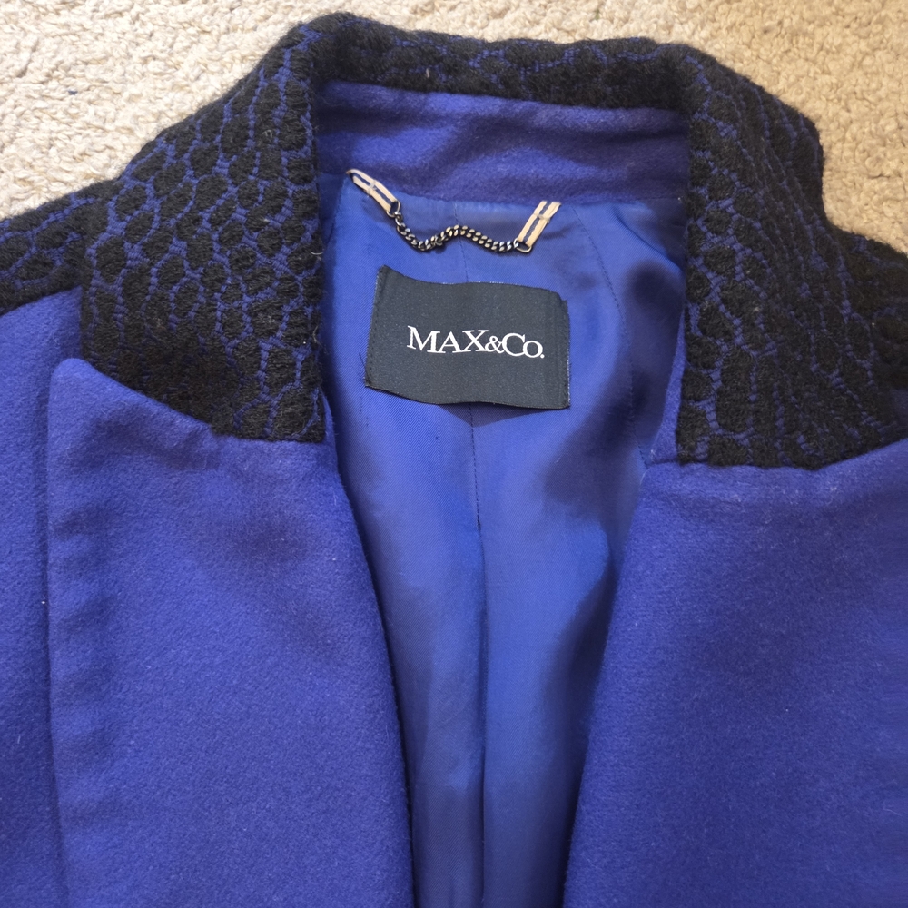 Max & Co. Royal Blue Wool Midi Coat with Textured Black Trim